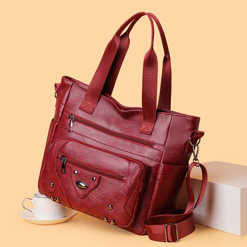 Large capacity soft leather washed shoulder bag in brown, black, red - PU material horizontal square shape for commute and leisure