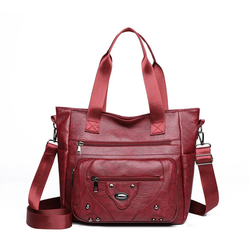 Large capacity soft leather washed shoulder bag in brown, black, red - PU material horizontal square shape for commute and leisure