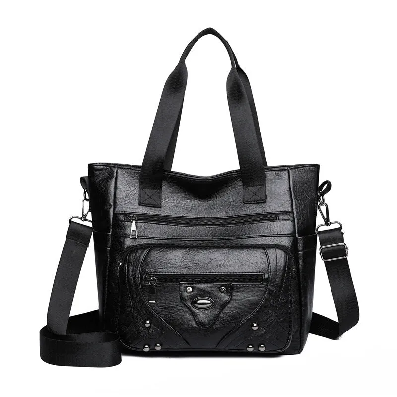 Large capacity soft leather washed shoulder bag in brown, black, red - PU material horizontal square shape for commute and leisure