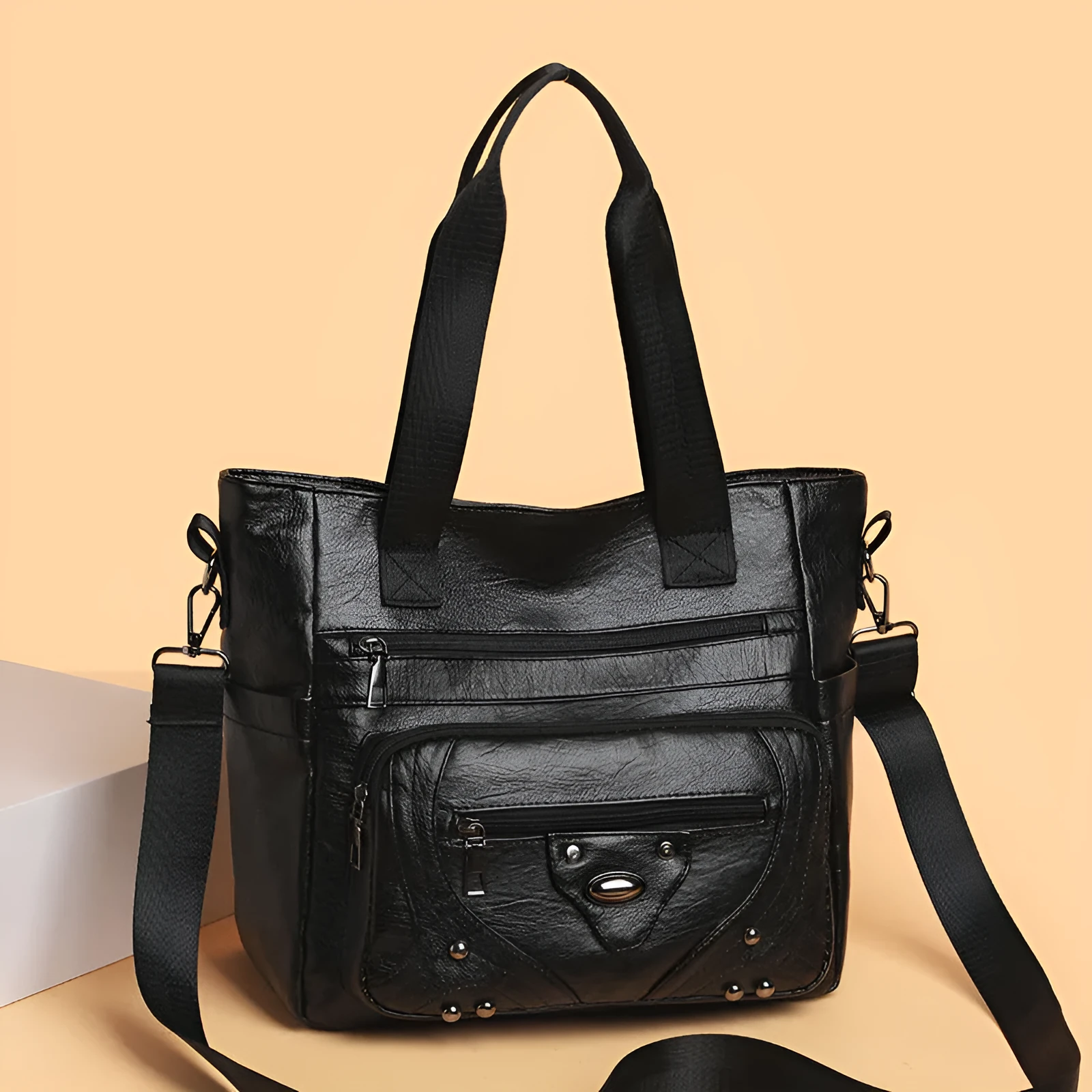 Large capacity soft leather washed shoulder bag in brown, black, red - PU material horizontal square shape for commute and leisure
