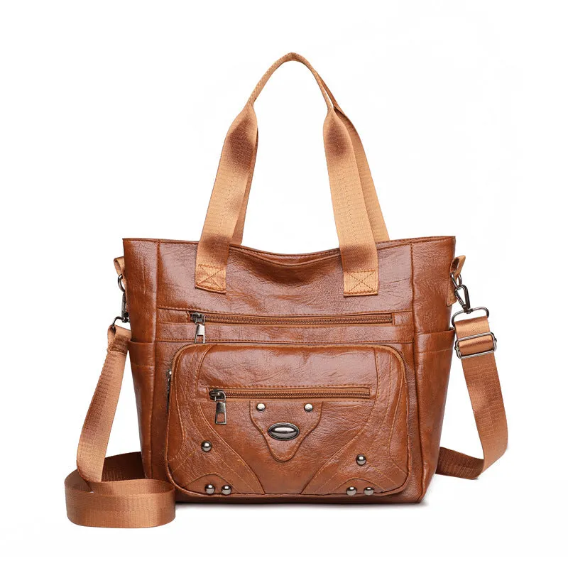 Large capacity soft leather washed shoulder bag in brown, black, red - PU material horizontal square shape for commute and leisure