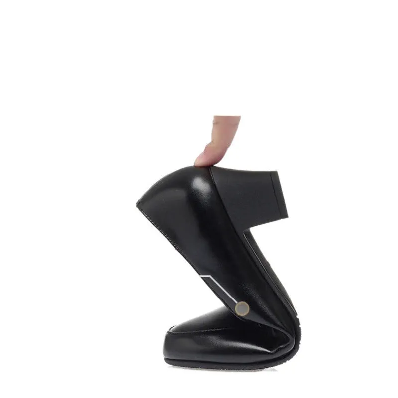 Women's solid colour lazy shoes with mid heel, chunky heel, pointed toe, and waterproof platform in black