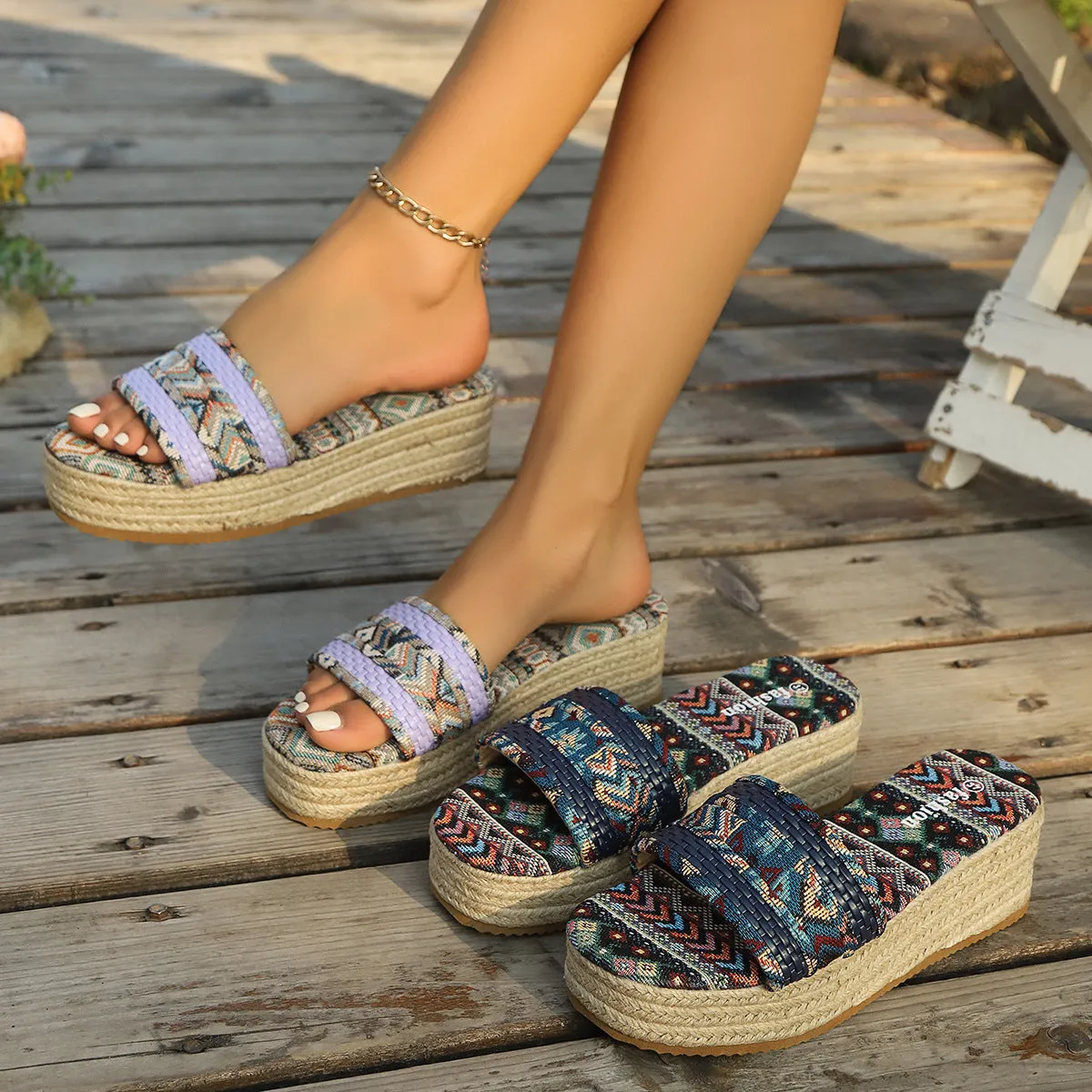 Plus size rope bottom sponge cake slippers in navy blue with round head and cloth cover upper