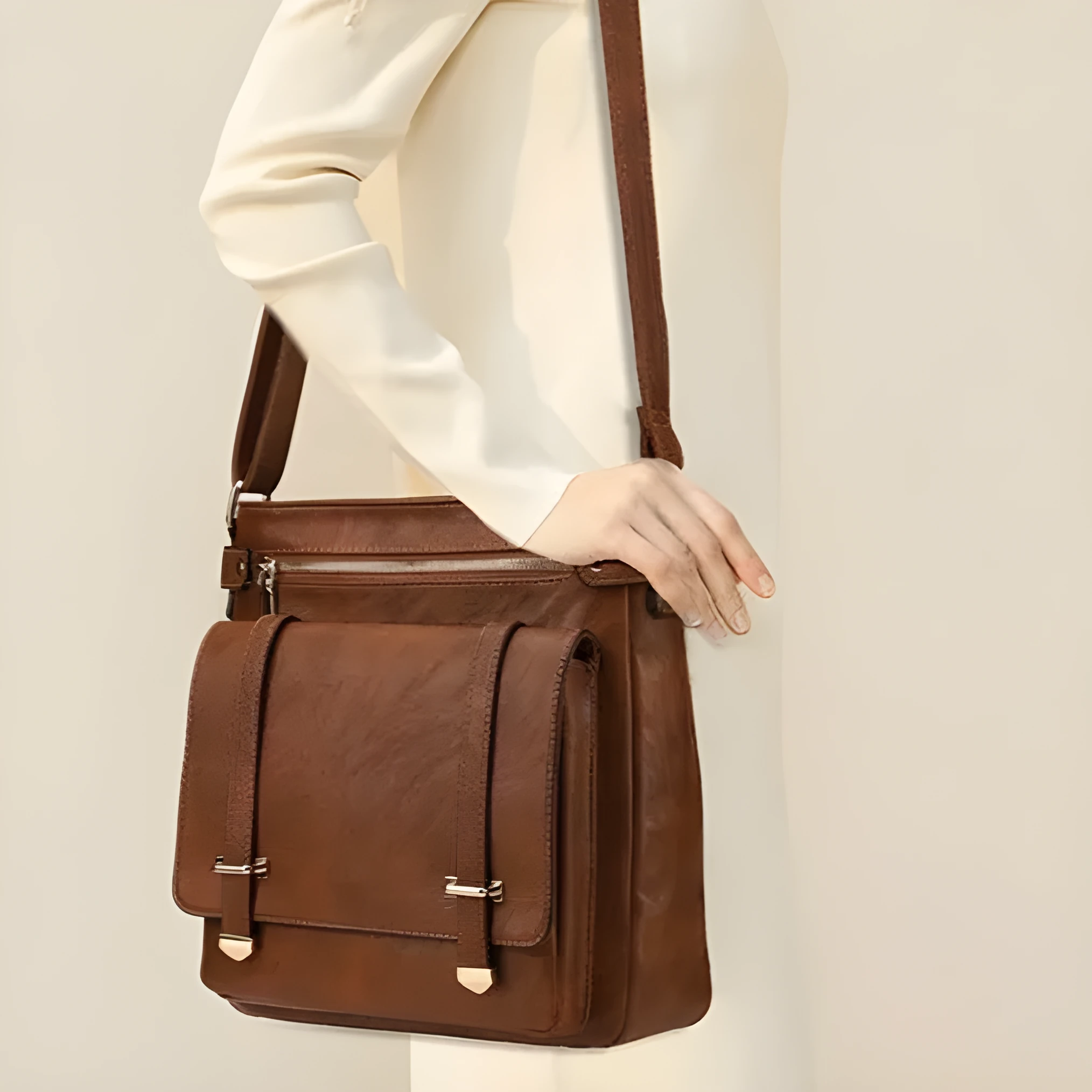 Women's large capacity PU leather business commute crossbody bag in peacock blue with multiple zip pockets and shoulder strap.