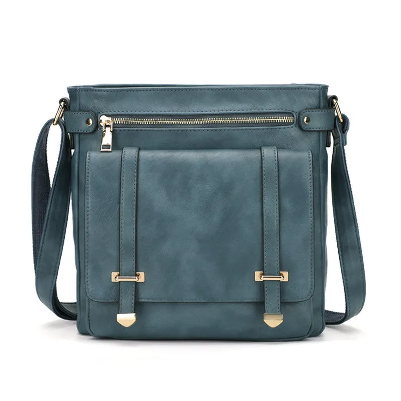 Women's large capacity PU leather business commute crossbody bag in peacock blue with multiple zip pockets and shoulder strap.