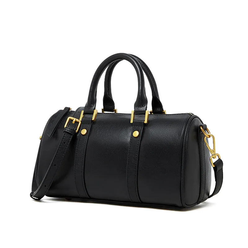 Retro portable cowhide crossbody bag in pillow shape with sewing thread detail, black colour