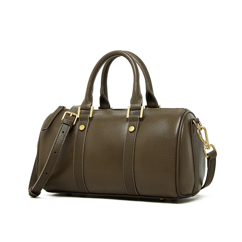 Retro portable cowhide crossbody bag in pillow shape with sewing thread detail, black colour