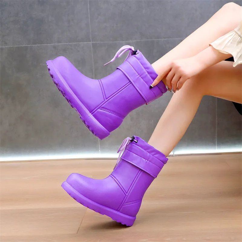 Women's mid-calf EVA waterproof snow boots with velvet lining, platform heel, round toe, in black