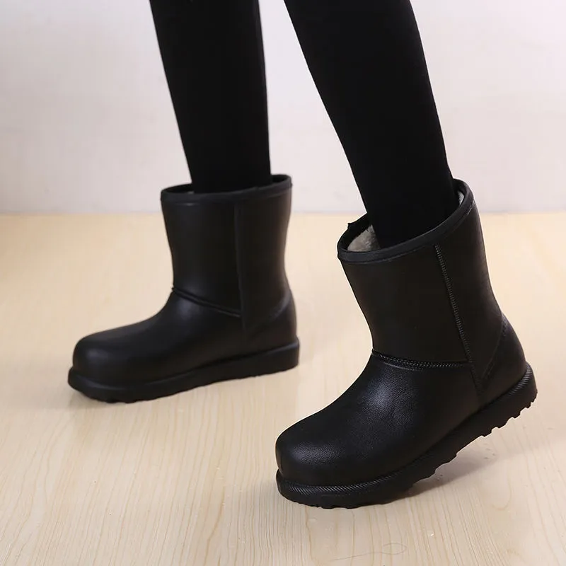 Women's mid-calf EVA waterproof snow boots with velvet lining, platform heel, round toe, in black