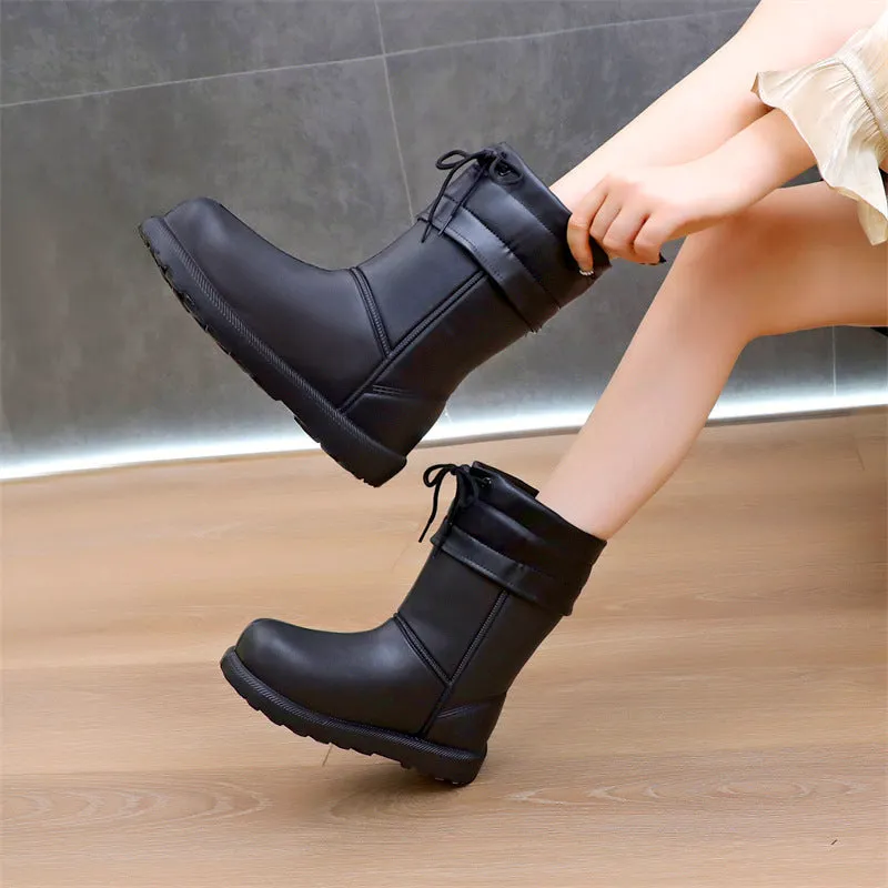 Women's mid-calf EVA waterproof snow boots with velvet lining, platform heel, round toe, in black