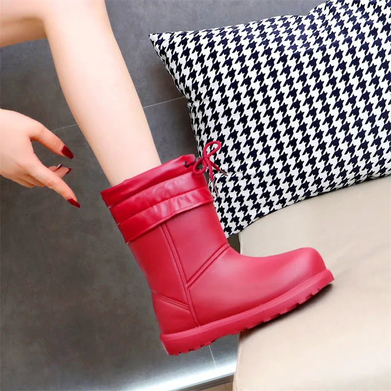 Women's mid-calf EVA waterproof snow boots with velvet lining, platform heel, round toe, in black