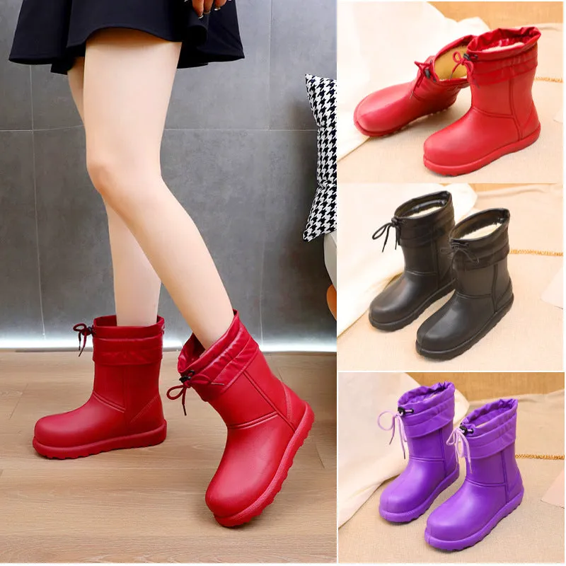 Women's mid-calf EVA waterproof snow boots with velvet lining, platform heel, round toe, in black