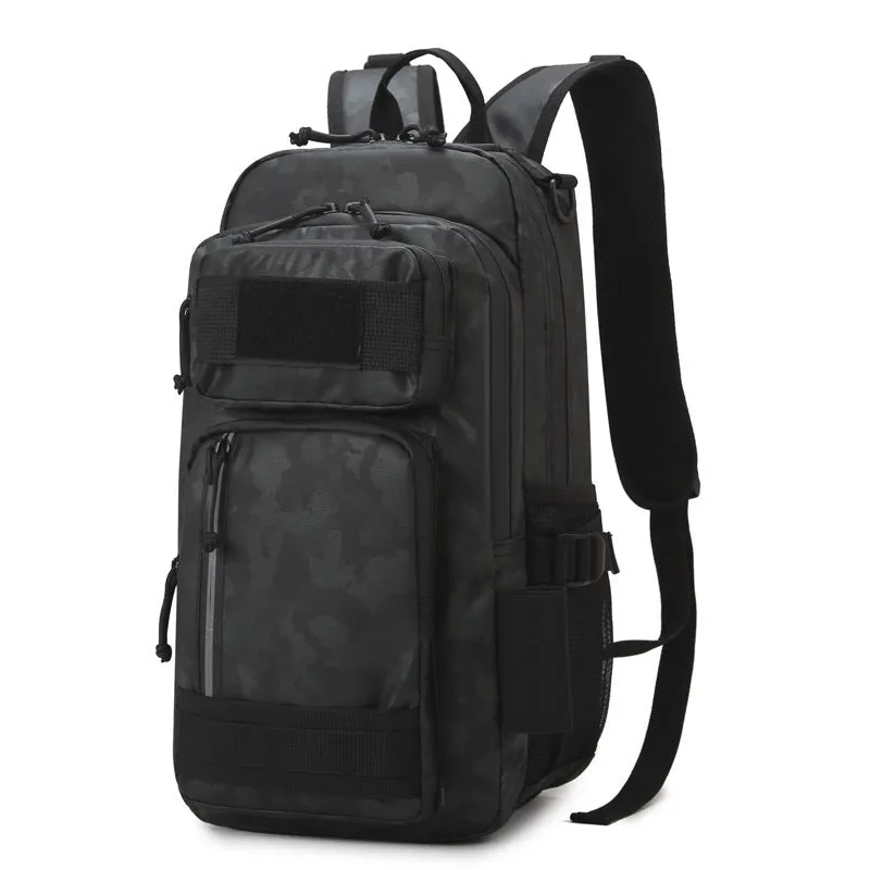 Large Derm outdoor backpack in black, shown with 20-35L capacity suitable for hiking and camping.
