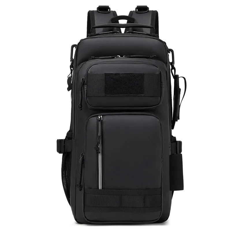 Large Derm outdoor backpack in black, shown with 20-35L capacity suitable for hiking and camping.