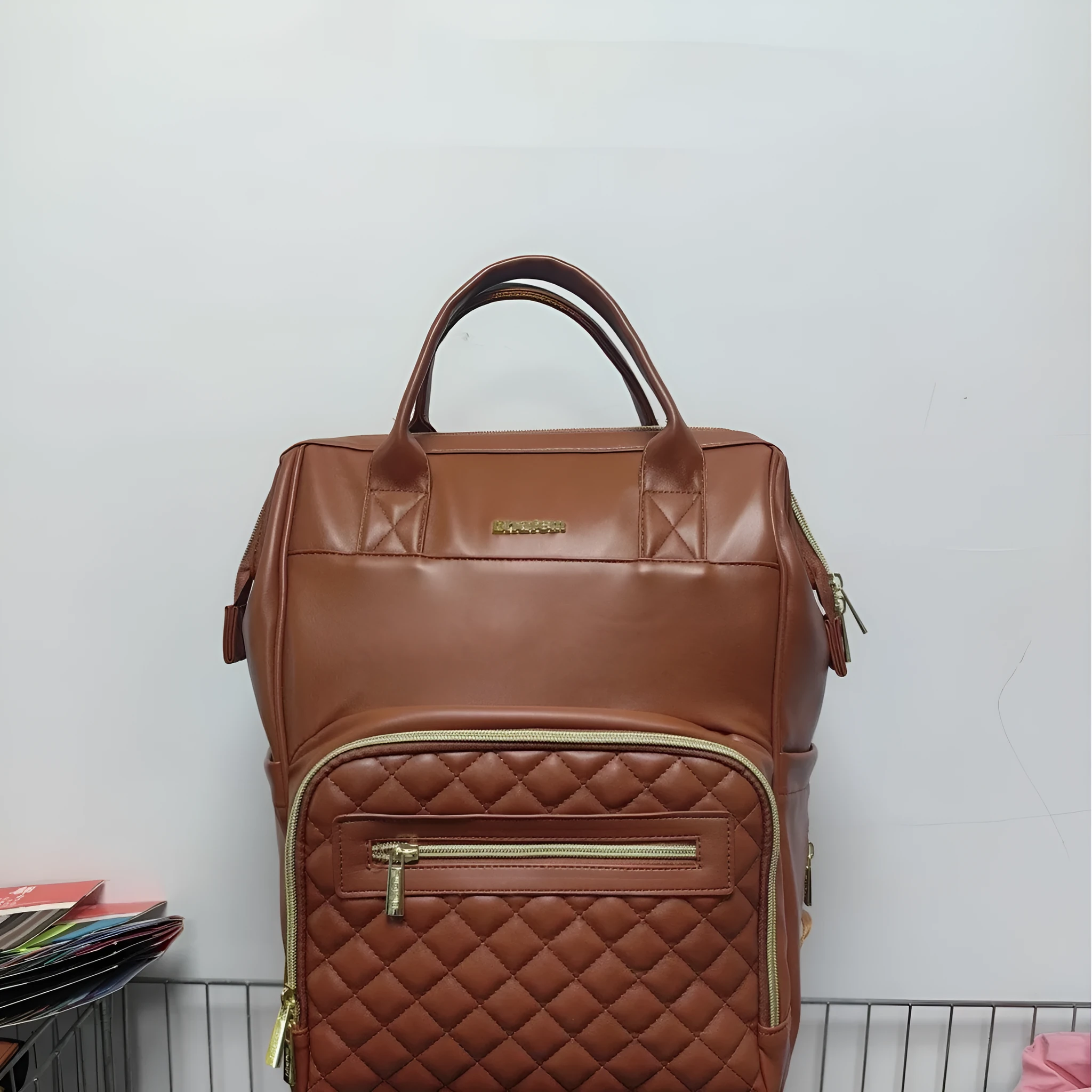 Solid colour waterproof backpack 18 inch PU leather with air pillow belt in beige