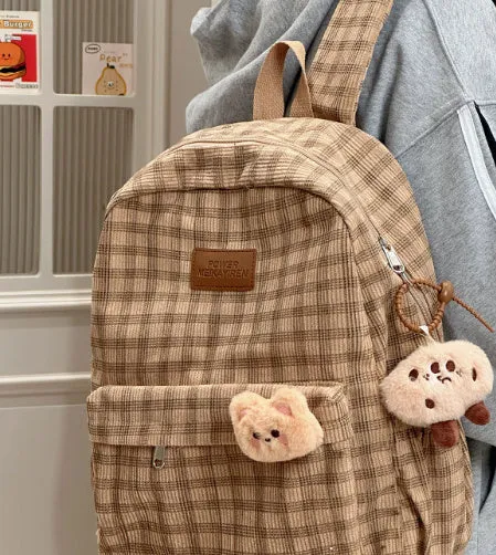 Japanese Ins campus retro checked corduroy backpack in khaki with computer pocket and 42x30x15cm dimensions