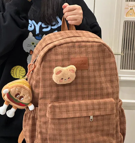 Japanese Ins campus retro checked corduroy backpack in khaki with computer pocket and 42x30x15cm dimensions