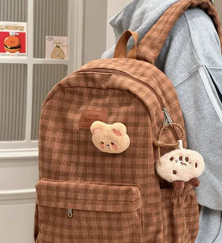Japanese Ins campus retro checked corduroy backpack in khaki with computer pocket and 42x30x15cm dimensions