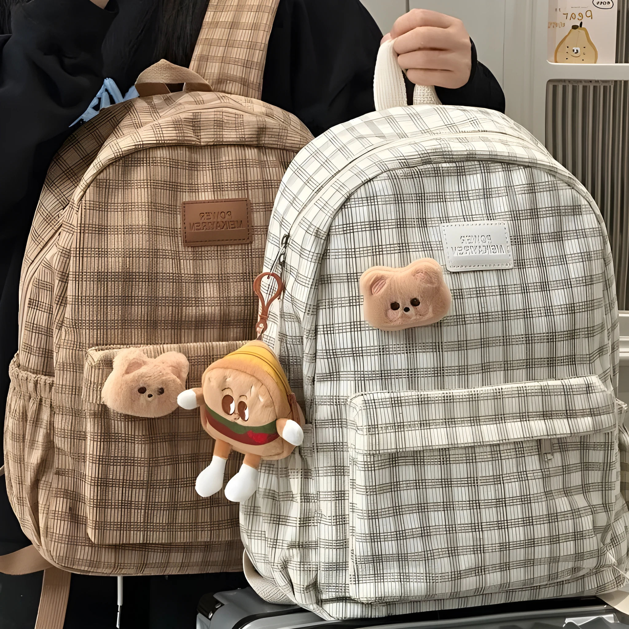 Japanese Ins campus retro checked corduroy backpack in khaki with computer pocket and 42x30x15cm dimensions