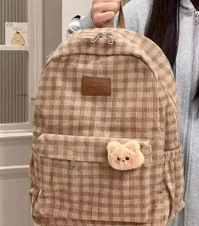Japanese Ins campus retro checked corduroy backpack in khaki with computer pocket and 42x30x15cm dimensions