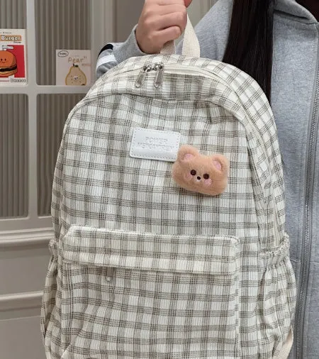 Japanese Ins campus retro checked corduroy backpack in khaki with computer pocket and 42x30x15cm dimensions