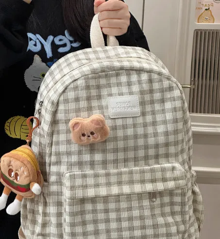 Japanese Ins campus retro checked corduroy backpack in khaki with computer pocket and 42x30x15cm dimensions