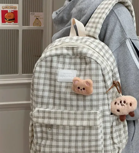 Japanese Ins campus retro checked corduroy backpack in khaki with computer pocket and 42x30x15cm dimensions