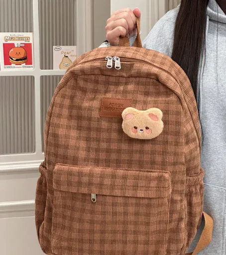 Japanese Ins campus retro checked corduroy backpack in khaki with computer pocket and 42x30x15cm dimensions