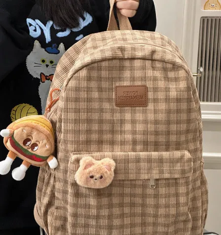 Japanese Ins campus retro checked corduroy backpack in khaki with computer pocket and 42x30x15cm dimensions