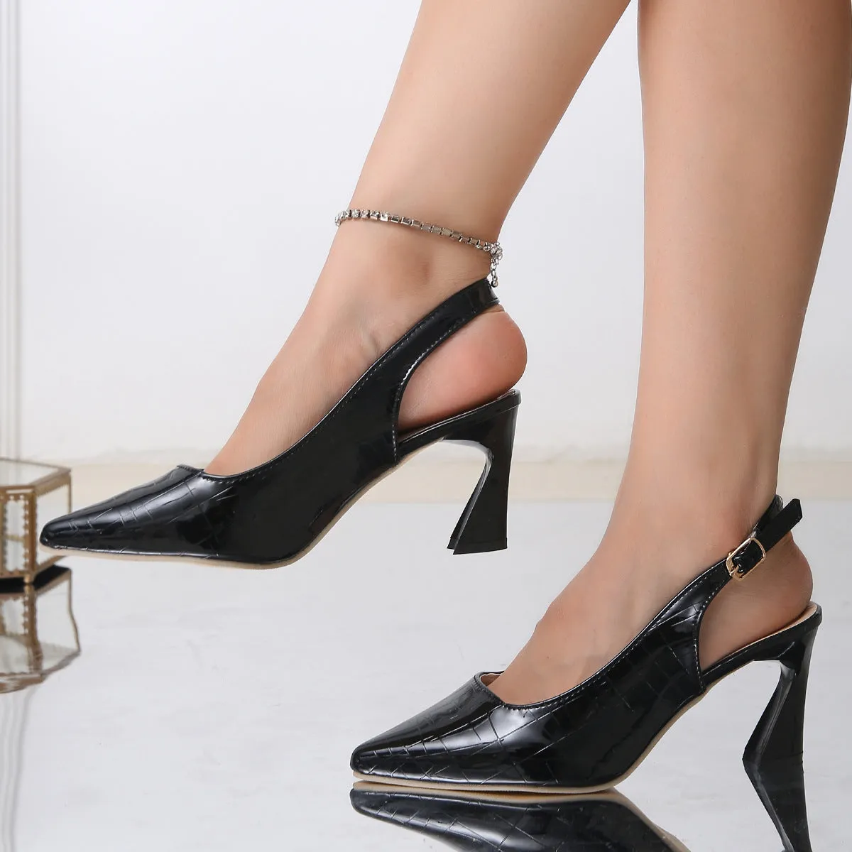 Pointed toe mid heel ankle-strap buckle sandals for women, black, PU upper, rubber sole