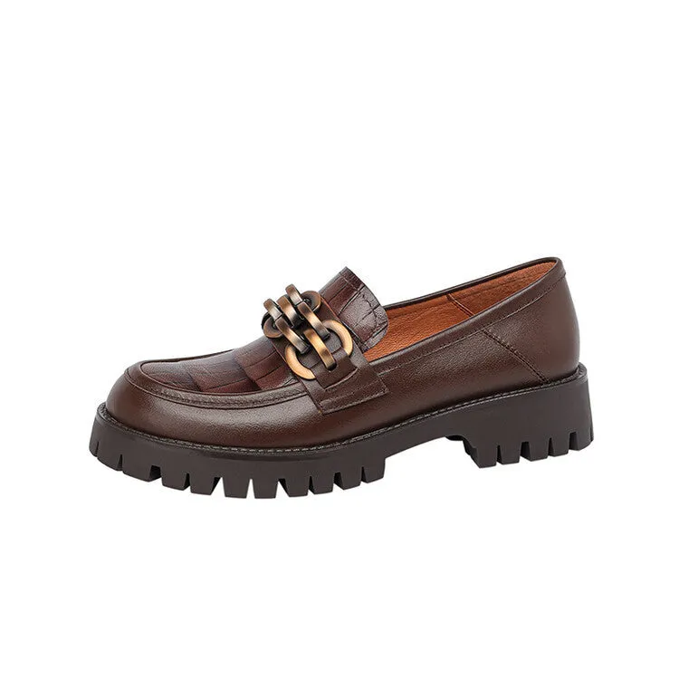 Retro platform loafers in brown cowhide patterned leather with a round toe and rubber sole