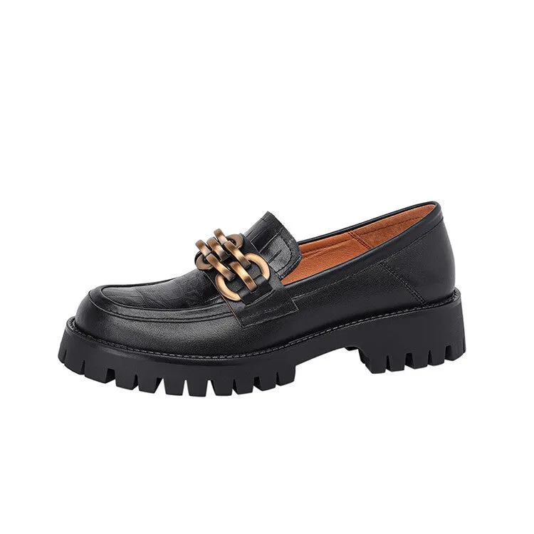 Retro platform loafers in brown cowhide patterned leather with a round toe and rubber sole