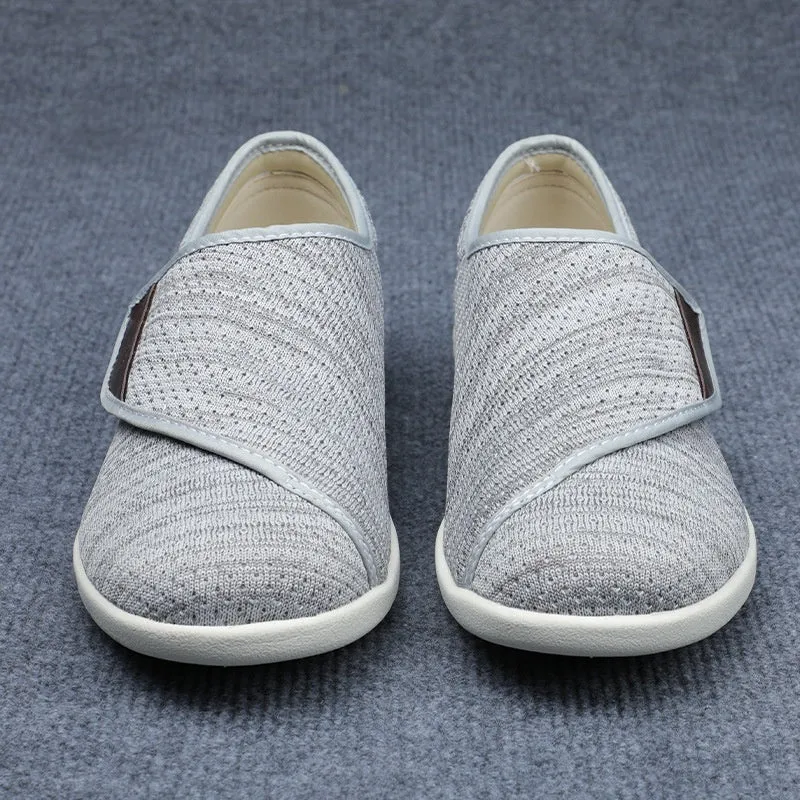 Beige leisure shoes with velcro strap closure and a round toe on a foam rubber sole.