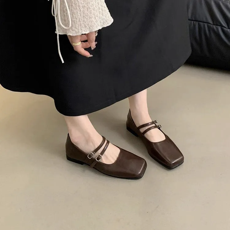French style women's low heel square toe shoes in silver, black, and brown