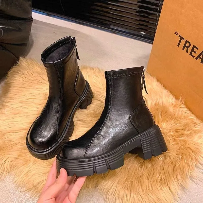 Women's soft bottom British style imitation leather skinny boots with square heel and back zipper, black, autumn winter