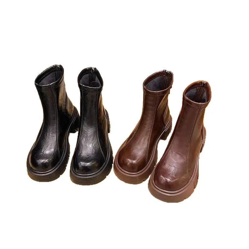 Women's soft bottom British style imitation leather skinny boots with square heel and back zipper, black, autumn winter