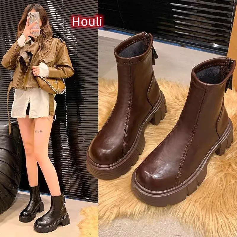 Women's soft bottom British style imitation leather skinny boots with square heel and back zipper, black, autumn winter