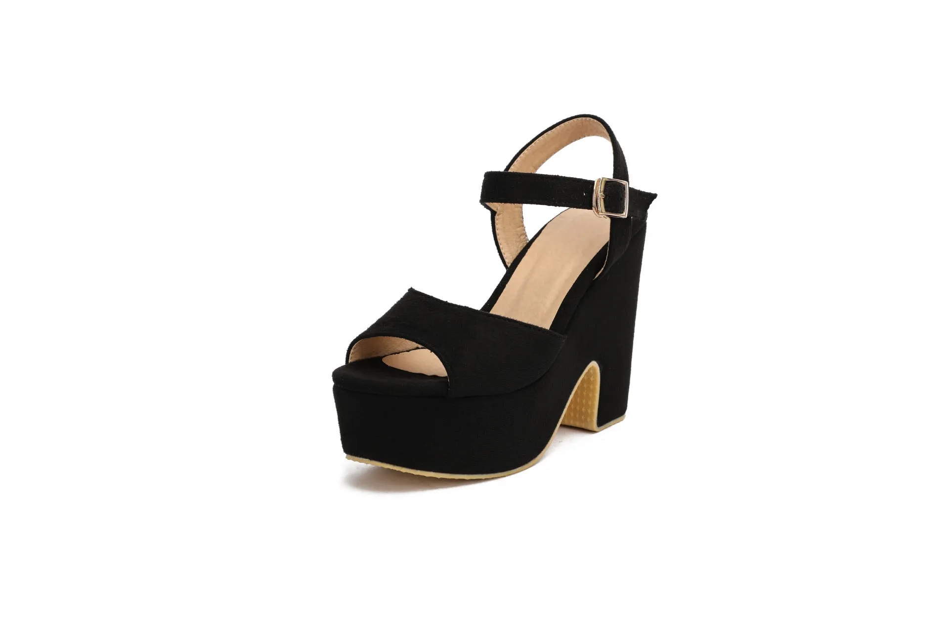 Black suede platform sandals with an ankle strap and open toe for women in plus sizes.