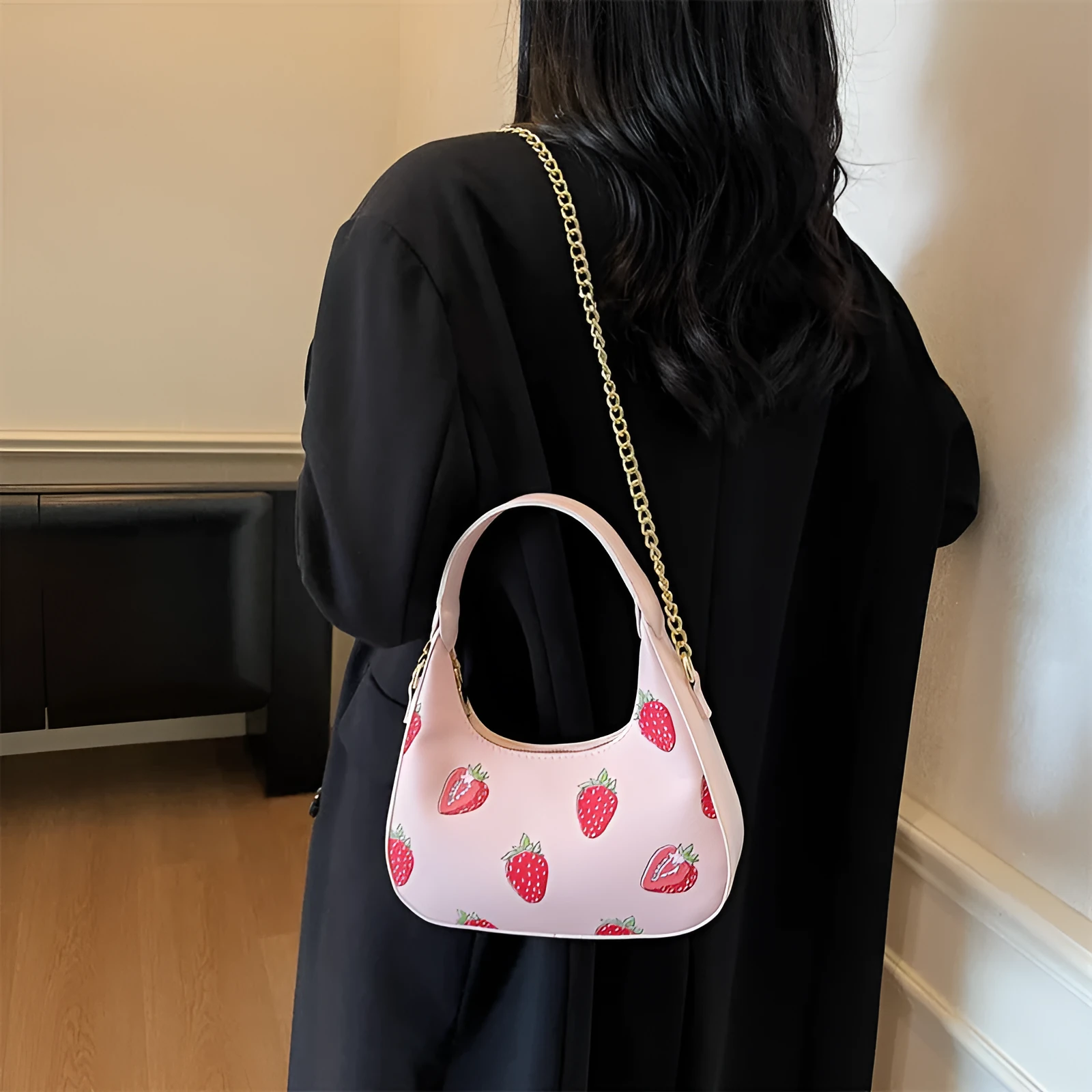 Autumn printed fashion underarm tote bag in beige with stitching details and double shoulder straps