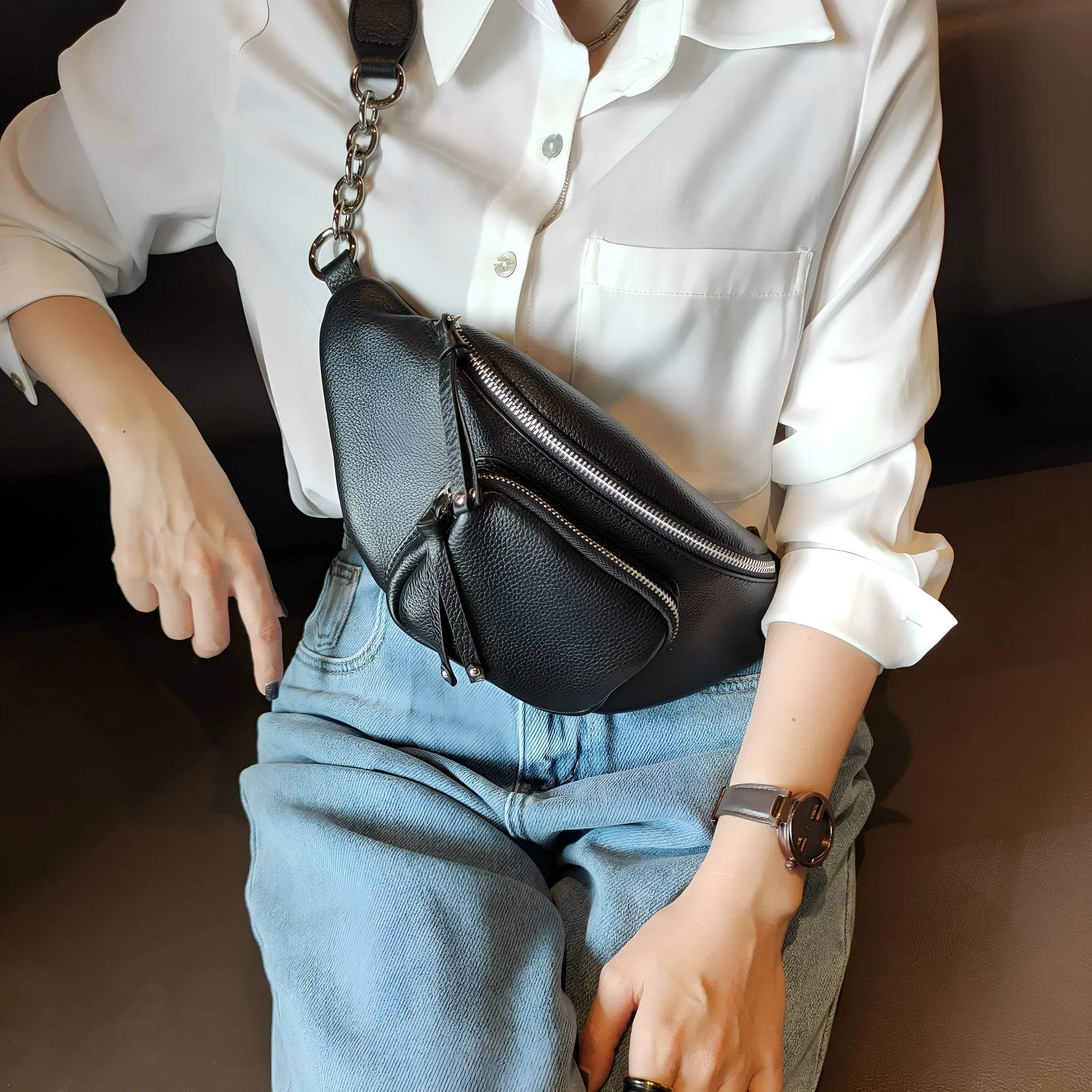 Genuine leather dumpling chest bag crossbody style black blue white colour options