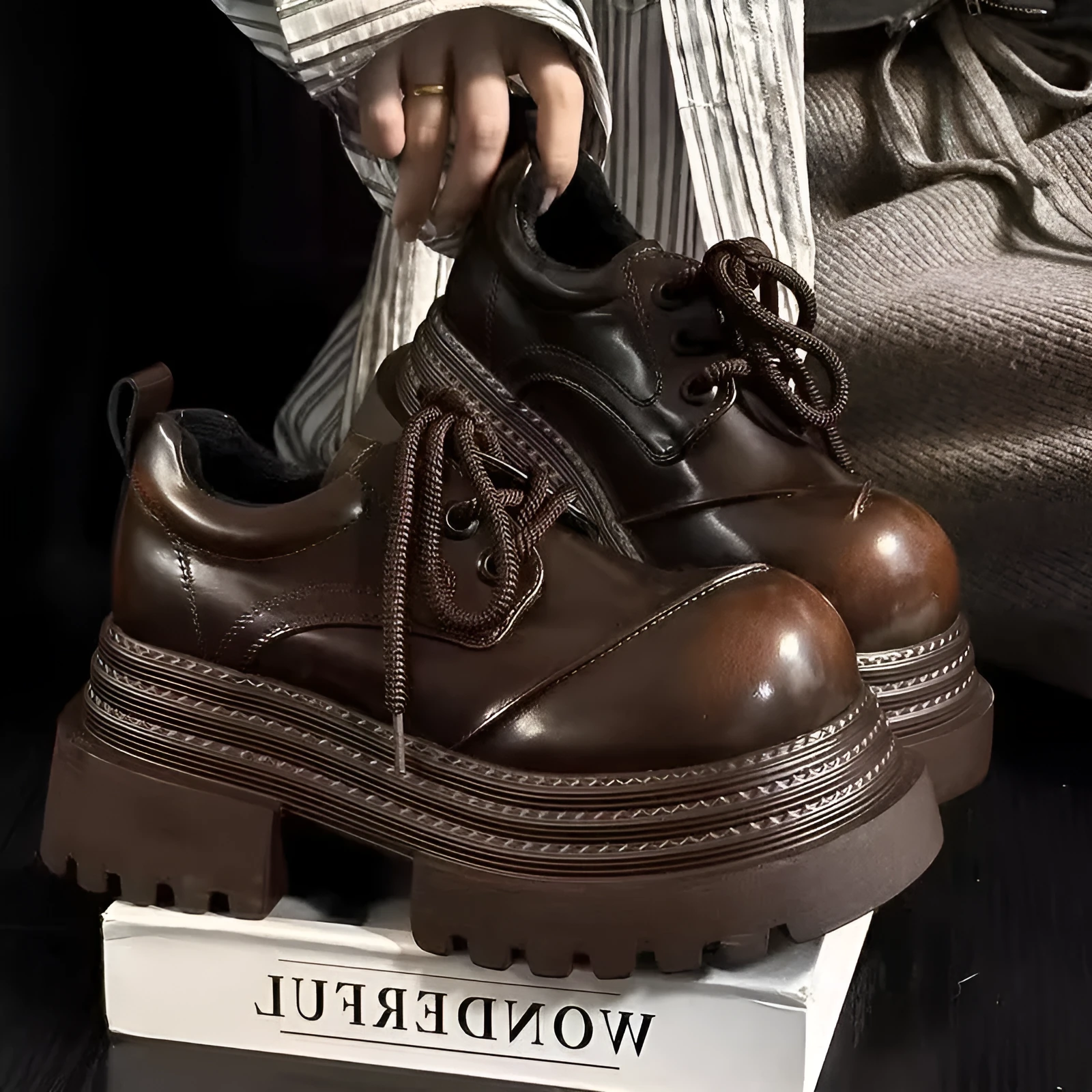 Raise The Bottom black women's platform pumps with block heel, round toe, and front lace-up