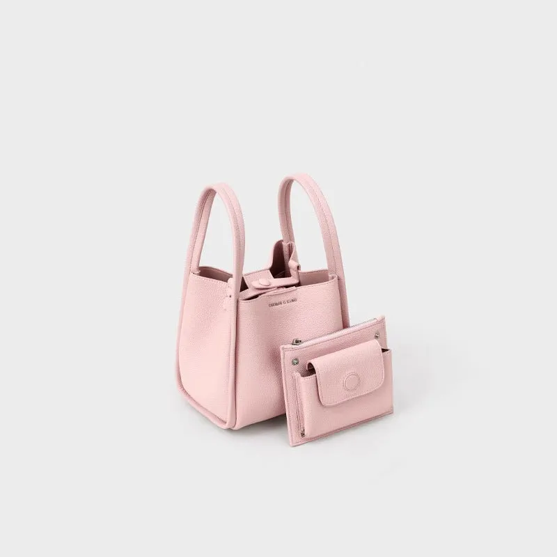 Genuine leather bucket shoulder bag for women, 20x16x19cm, pink colour, with sewing thread and lock detail