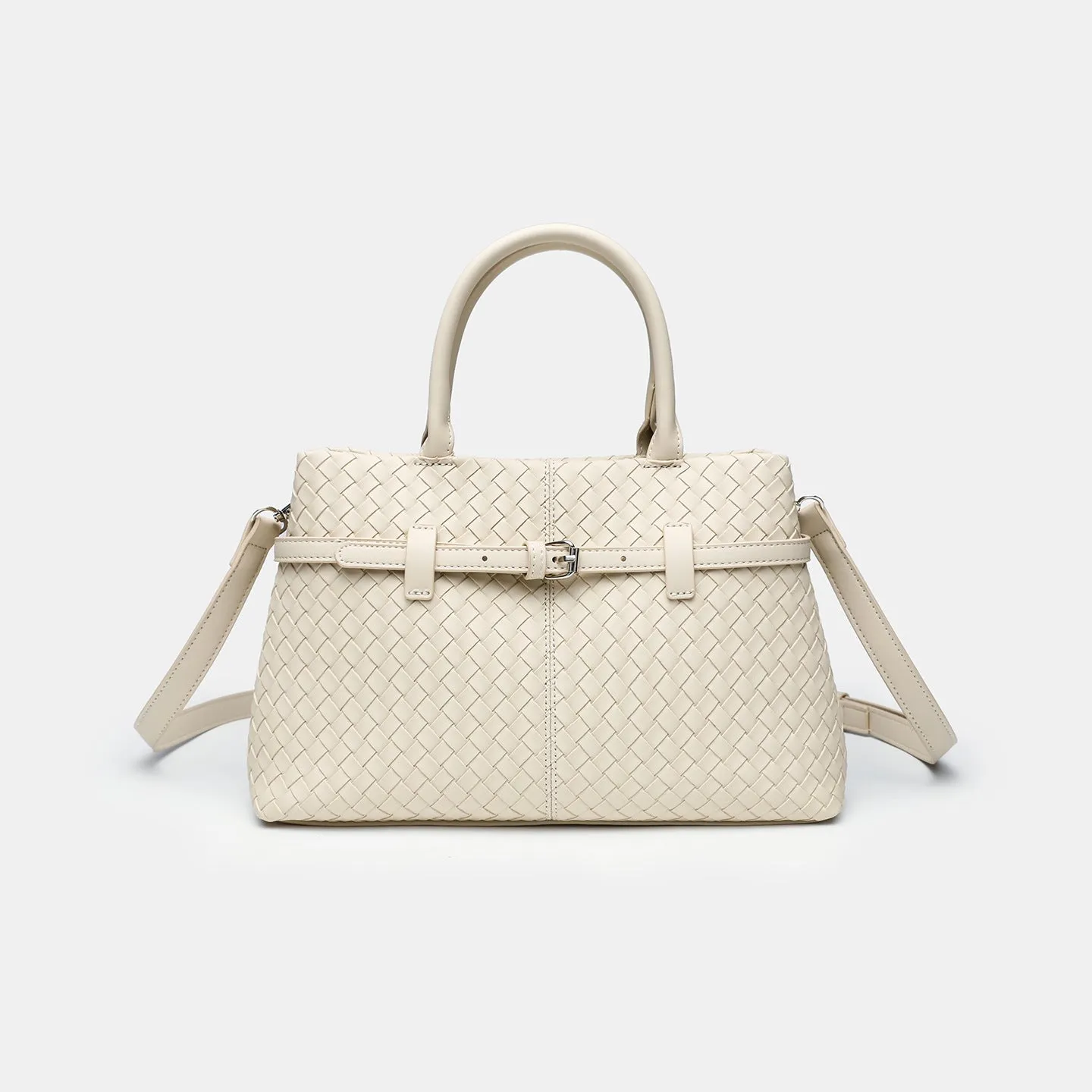Simple commute large capacity woven pattern bag for women in beige, PU material, horizontal square shape with double shoulder straps