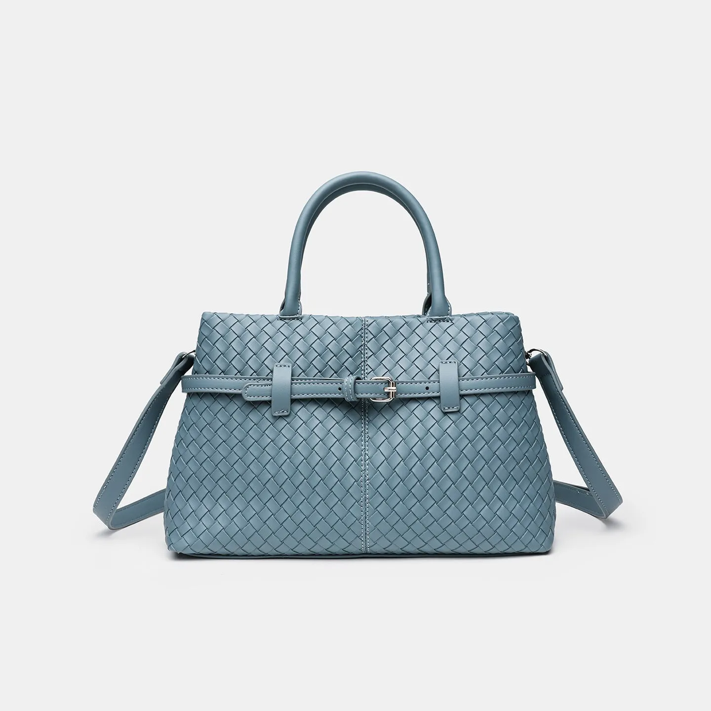 Simple commute large capacity woven pattern bag for women in beige, PU material, horizontal square shape with double shoulder straps