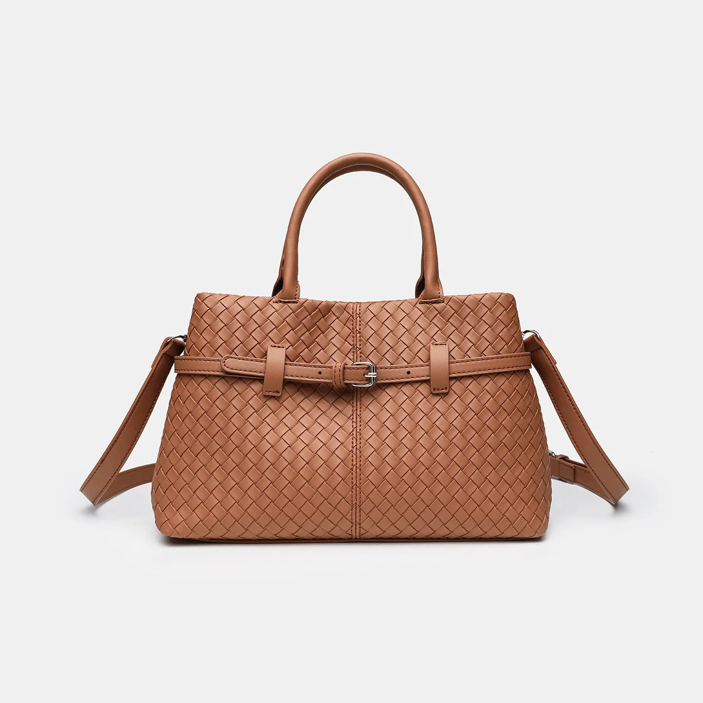 Simple commute large capacity woven pattern bag for women in beige, PU material, horizontal square shape with double shoulder straps
