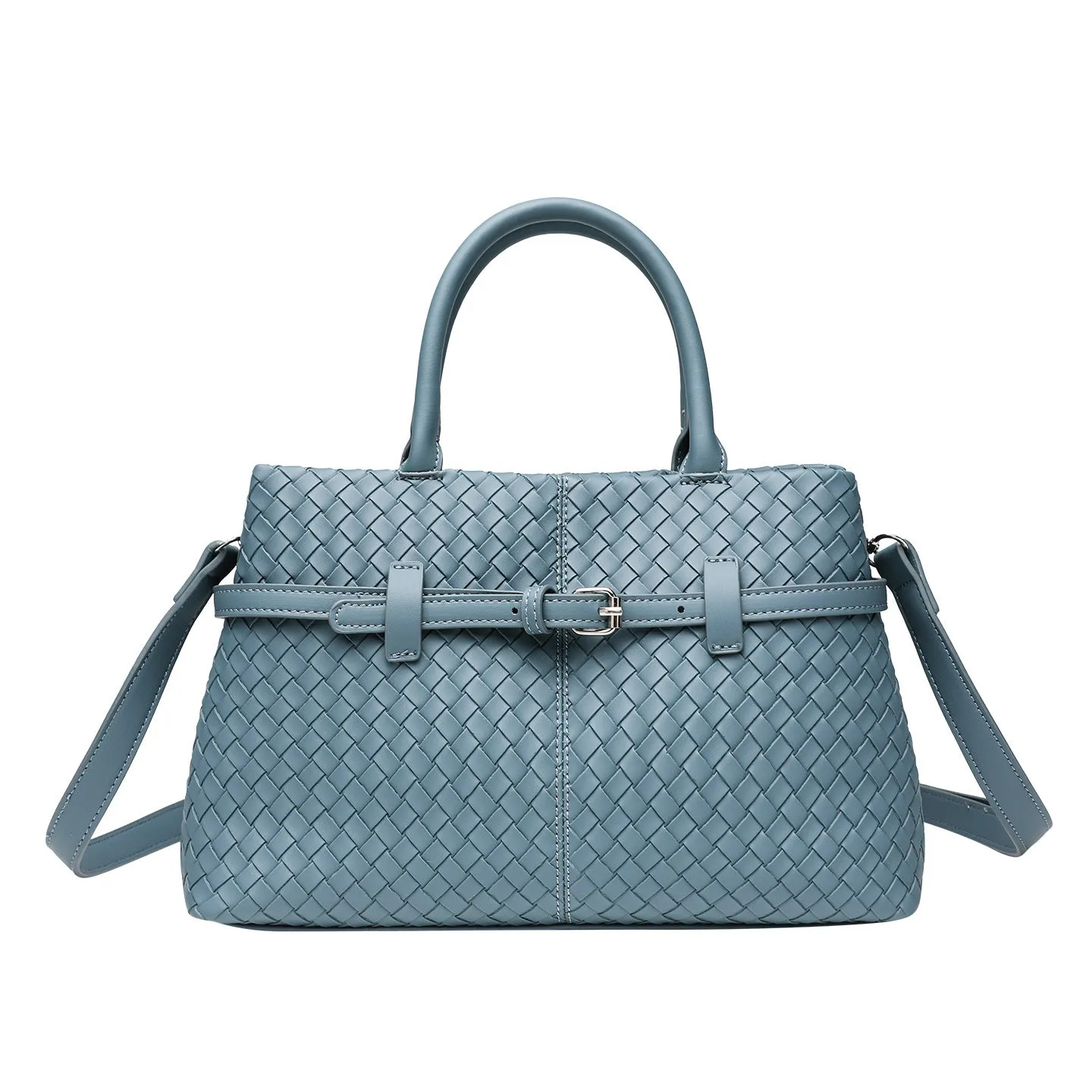 Simple commute large capacity woven pattern bag for women in beige, PU material, horizontal square shape with double shoulder straps
