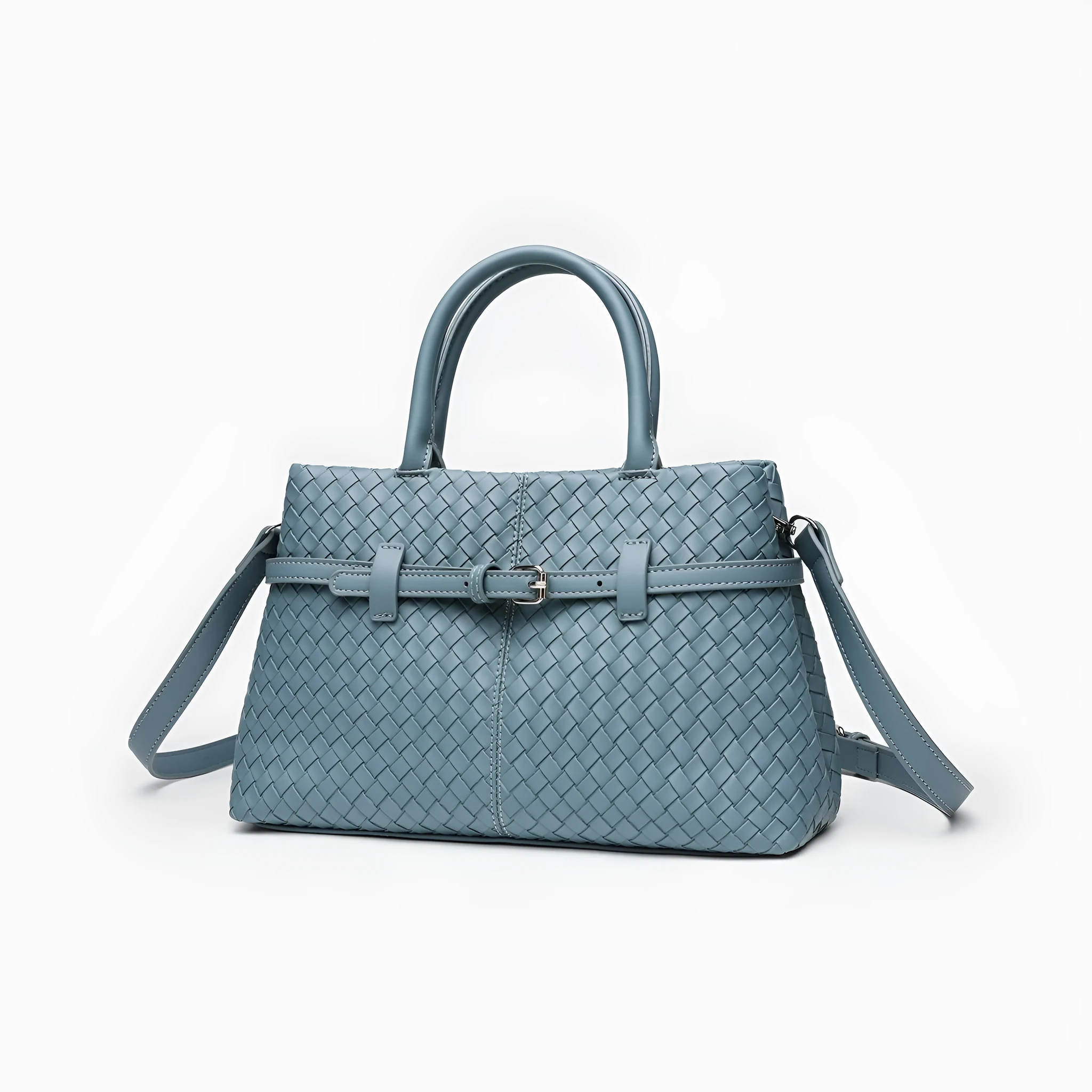 Simple commute large capacity woven pattern bag for women in beige, PU material, horizontal square shape with double shoulder straps