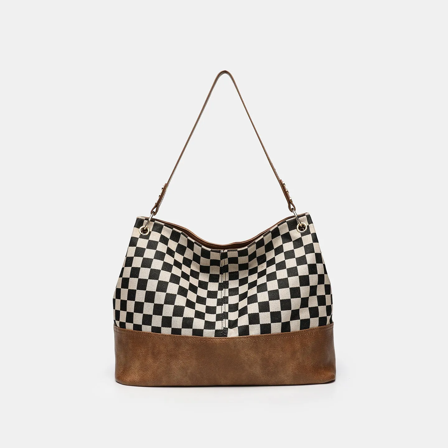 One-shoulder canvas PU stitching crossbody bag in black with horizontal square shape and open outer pocket