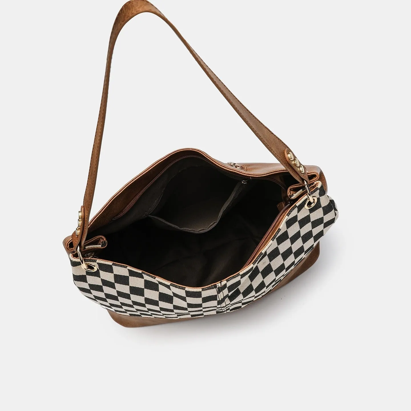 One-shoulder canvas PU stitching crossbody bag in black with horizontal square shape and open outer pocket