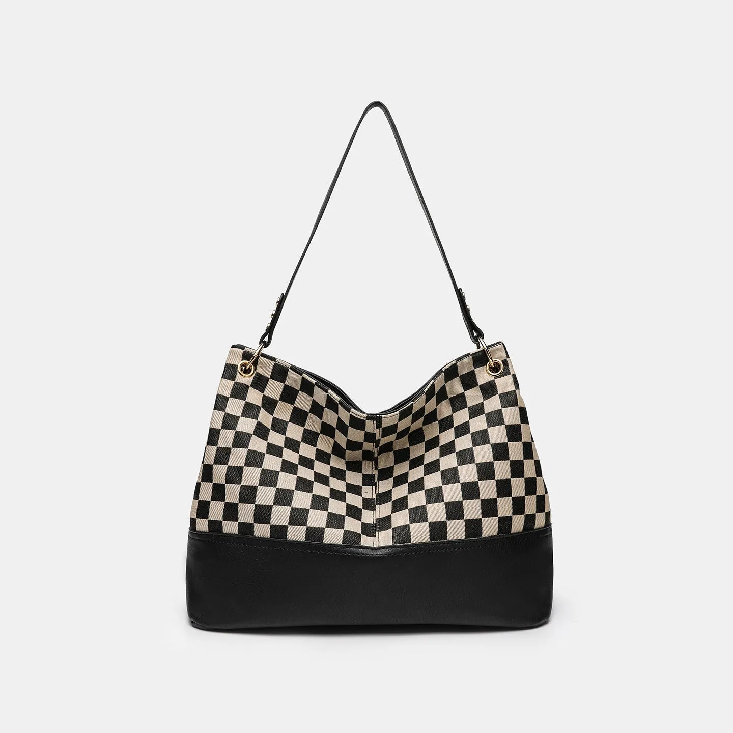One-shoulder canvas PU stitching crossbody bag in black with horizontal square shape and open outer pocket